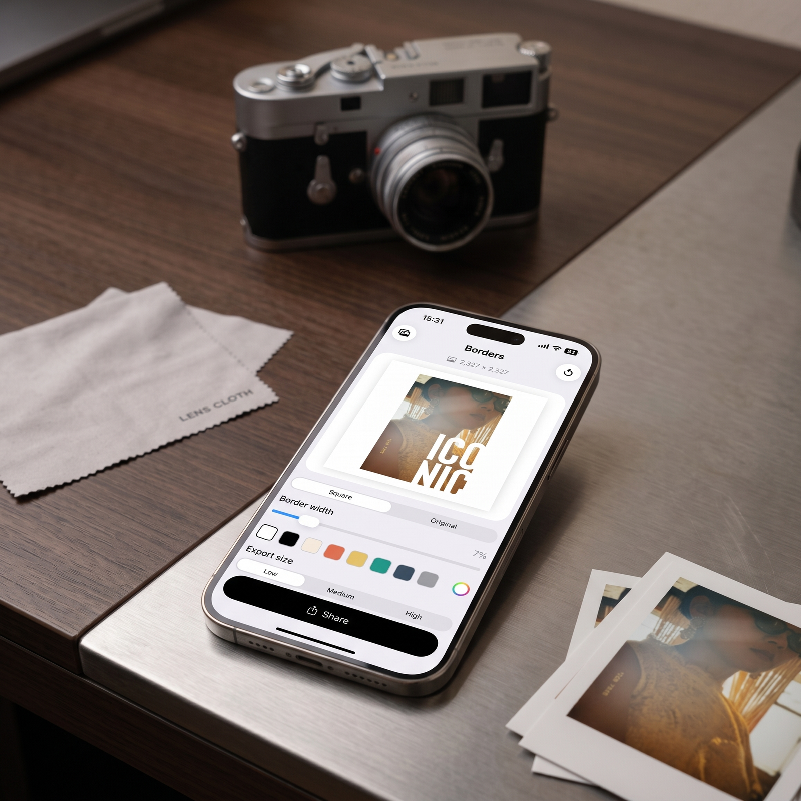 Borderz app open on an iPhone next to a film camera, showing a framed photo ready to share