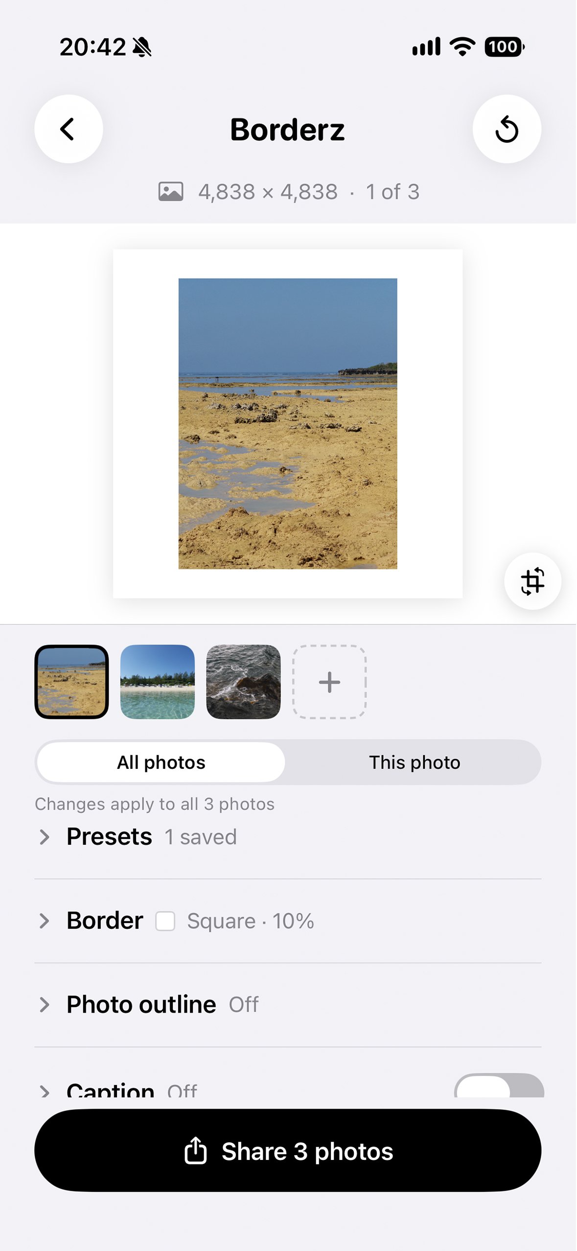 Borderz editor with three photos selected and the controls grouped into collapsible sections