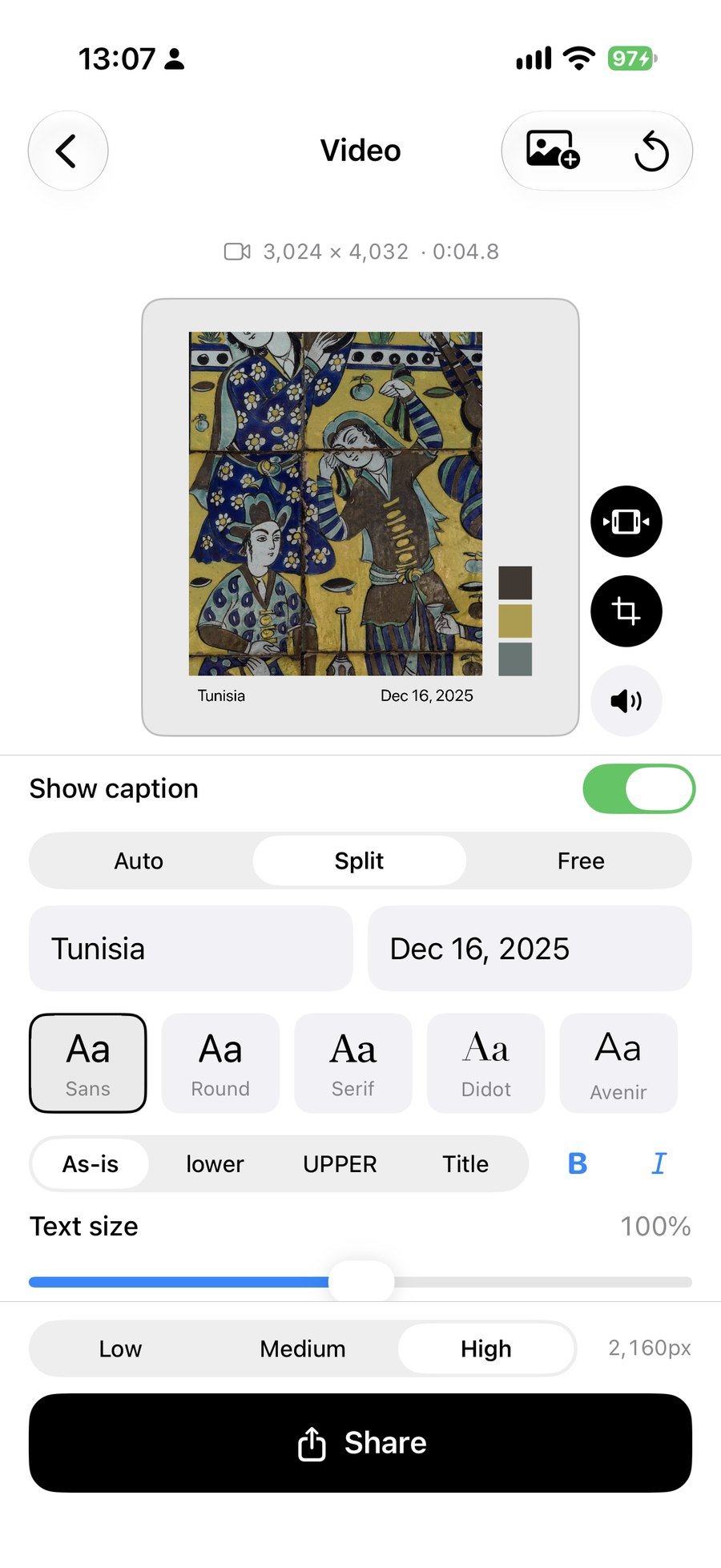 Pally caption fonts, letter case and size options