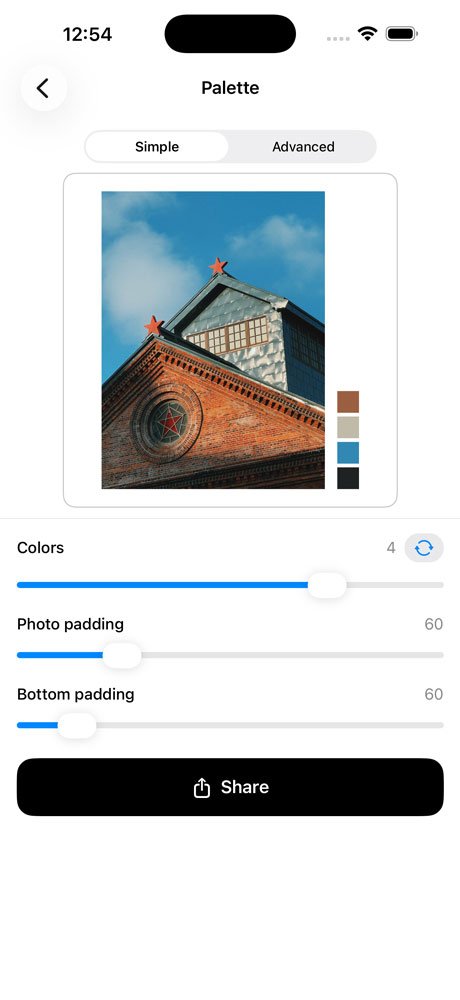 Pally palette screen, simple mode